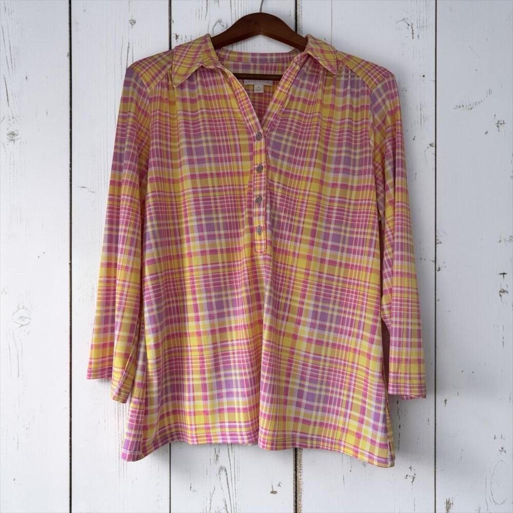 Charter Club Women's Plaid Collared 3/4 Sleeve Button Blouse Pink Yellow Size XL
